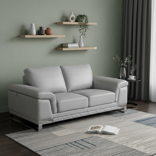 73" Light Gray And Silver Genuine Leather Loveseat