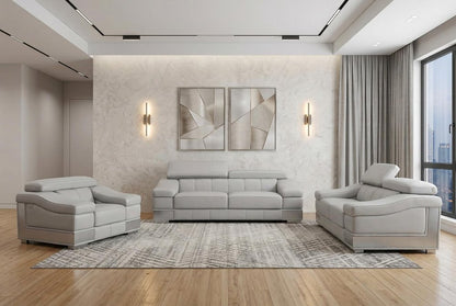 Three Piece Indoor Light Gray Italian Leather Six Person Seating Set