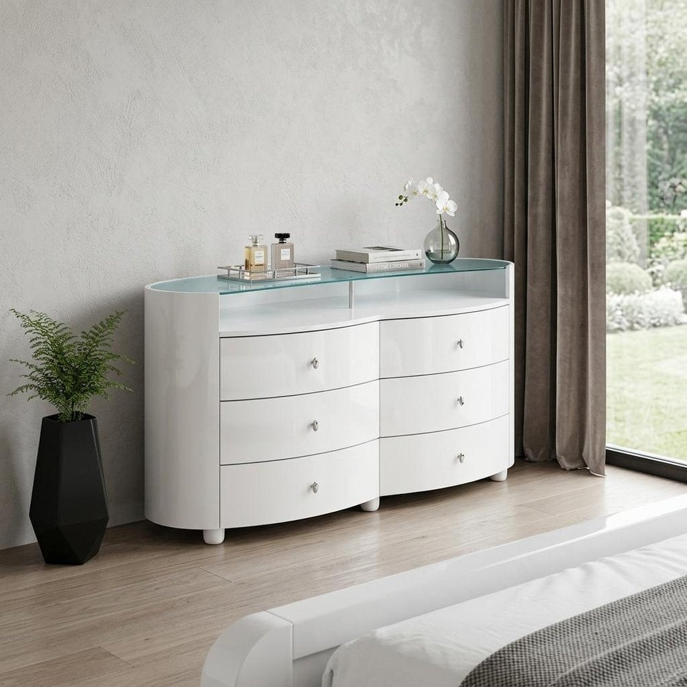63" White Wood Six Drawer Double Dresser