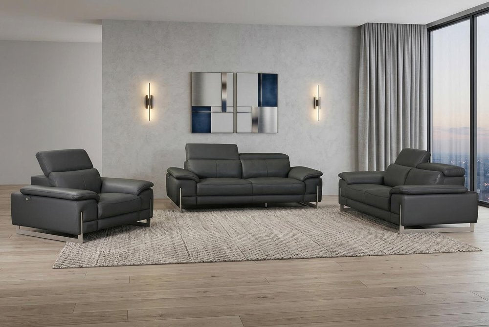 Three Piece Indoor Dark Gray Italian Leather Six Person Seating Set