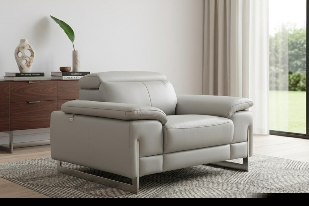 51" Gray And Silver Genuine Leather Chair and a Half