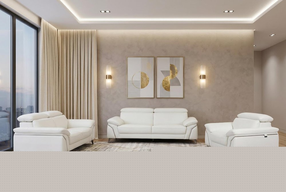 Three Piece Indoor White Italian Leather Six Person Seating Set