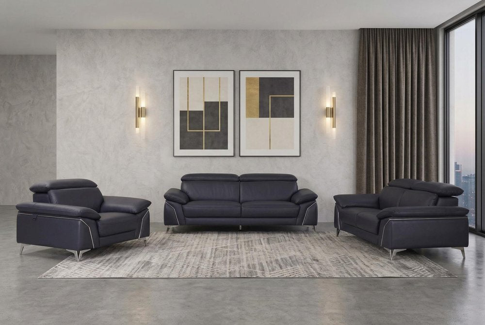 Three Piece Indoor Blue Italian Leather Six Person Seating Set