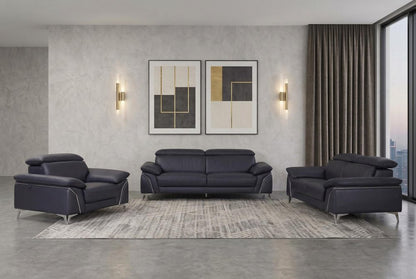 Three Piece Indoor Blue Italian Leather Six Person Seating Set