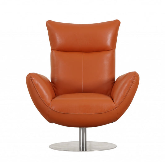 37" Orange And Silver Genuine Leather Lounge Chair