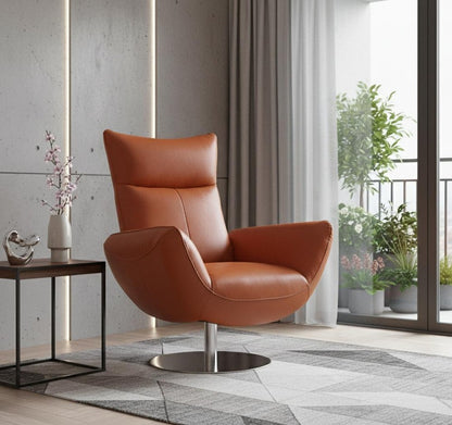 37" Orange And Silver Genuine Leather Lounge Chair