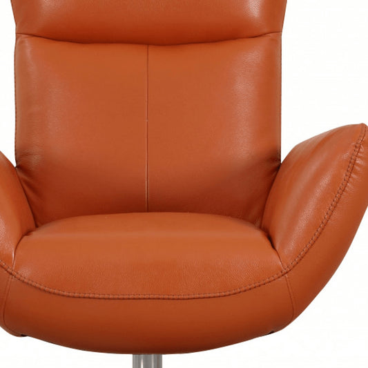 37" Orange And Silver Genuine Leather Lounge Chair