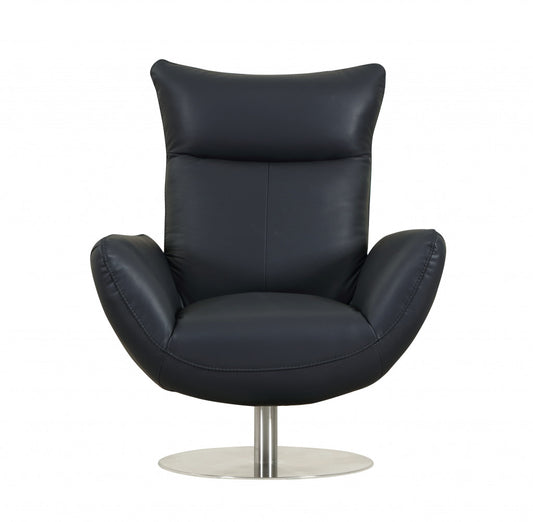 37" Blue And Silver Genuine Leather Lounge Chair