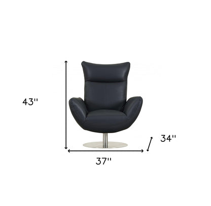37" Blue And Silver Genuine Leather Lounge Chair