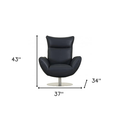 37" Blue And Silver Genuine Leather Lounge Chair