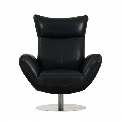 37" Black And Silver Genuine Leather Lounge Chair