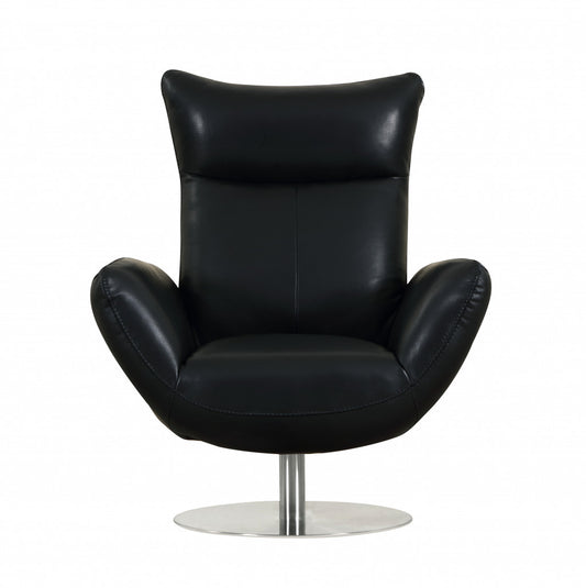 37" Black And Silver Genuine Leather Lounge Chair