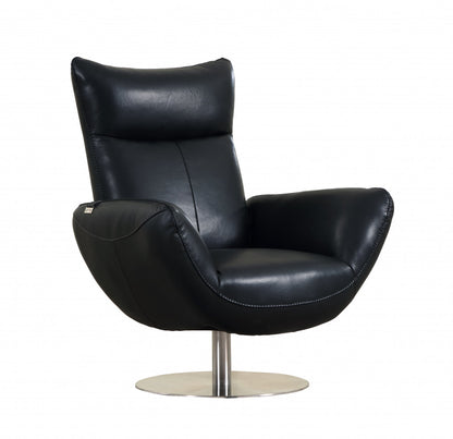 37" Black And Silver Genuine Leather Lounge Chair