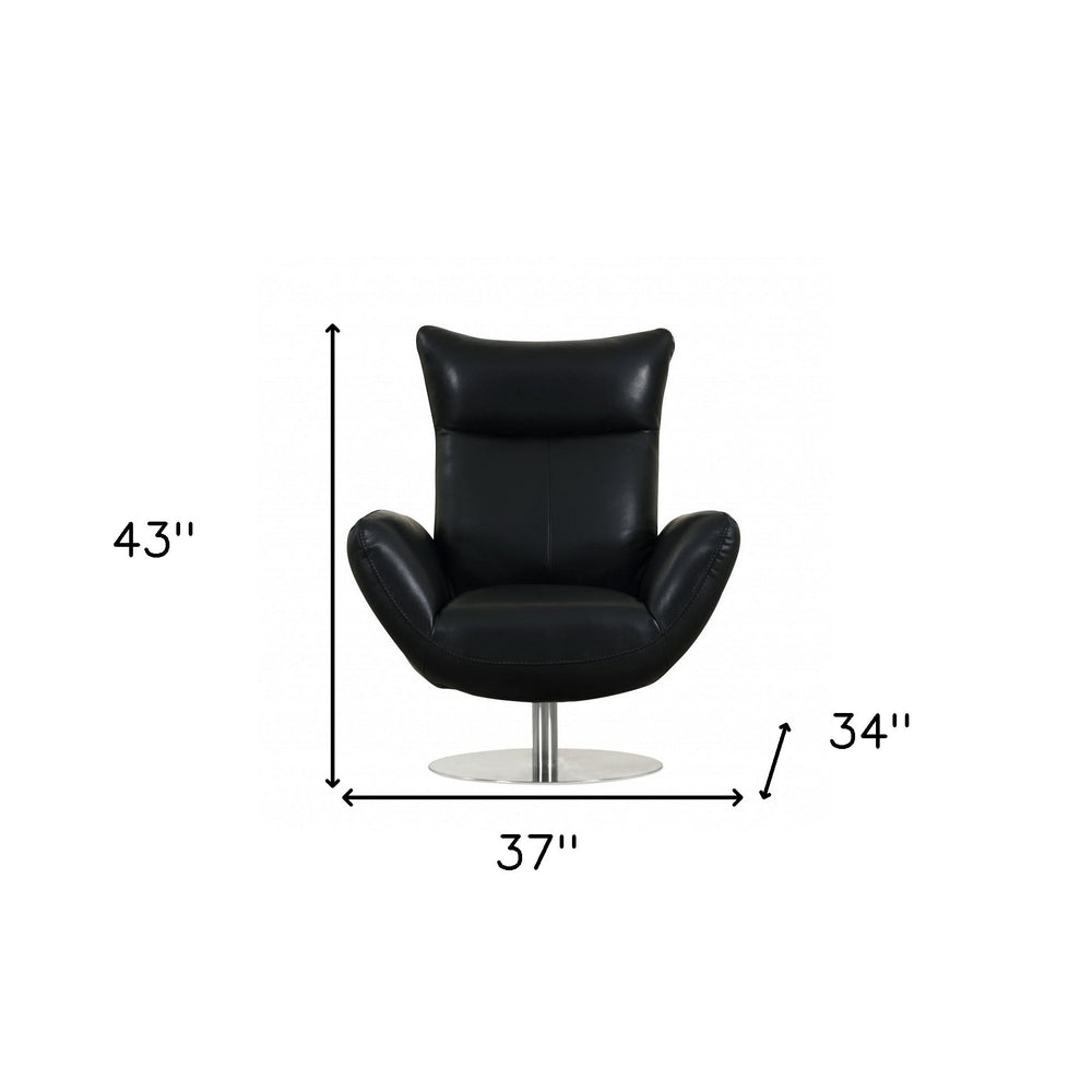 37" Black And Silver Genuine Leather Lounge Chair