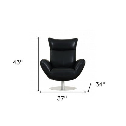 37" Black And Silver Genuine Leather Lounge Chair