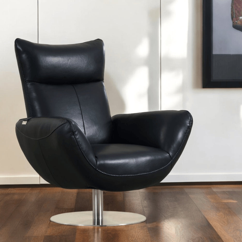 37" Black And Silver Genuine Leather Lounge Chair