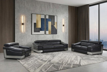 Three Piece Indoor Black Italian Leather Six Person Seating Set