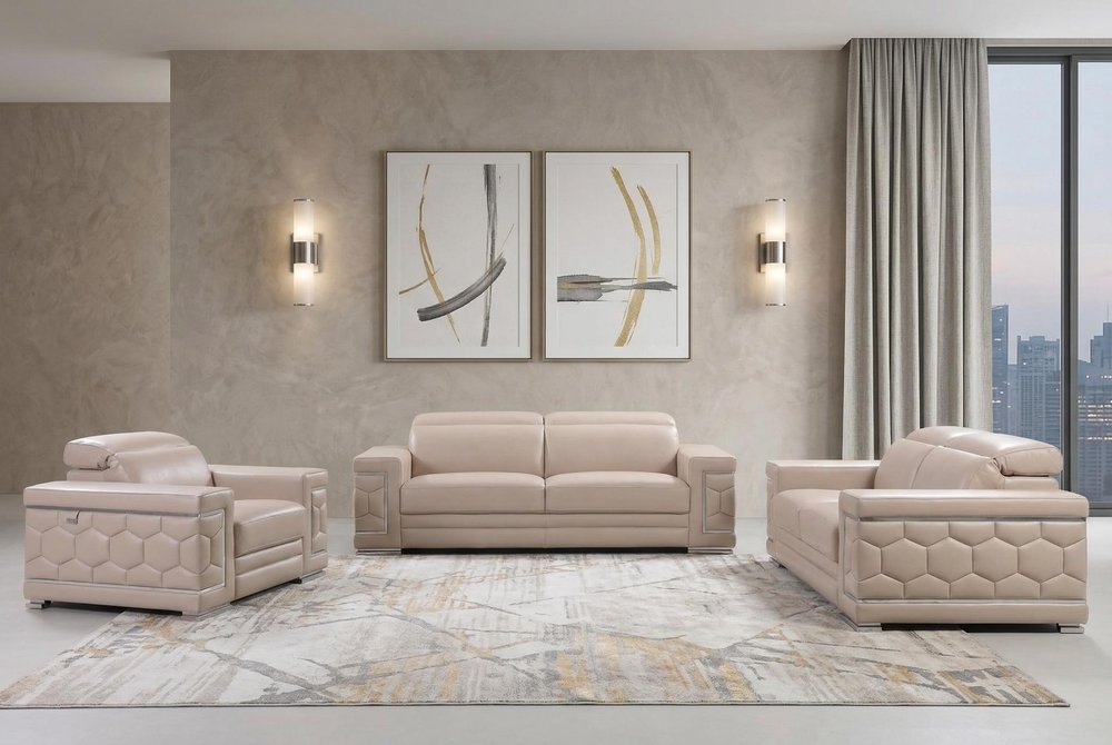 Three Piece Indoor Beige Italian Leather Six Person Seating Set