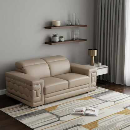 71" Beige And Silver Genuine Leather Love Seat