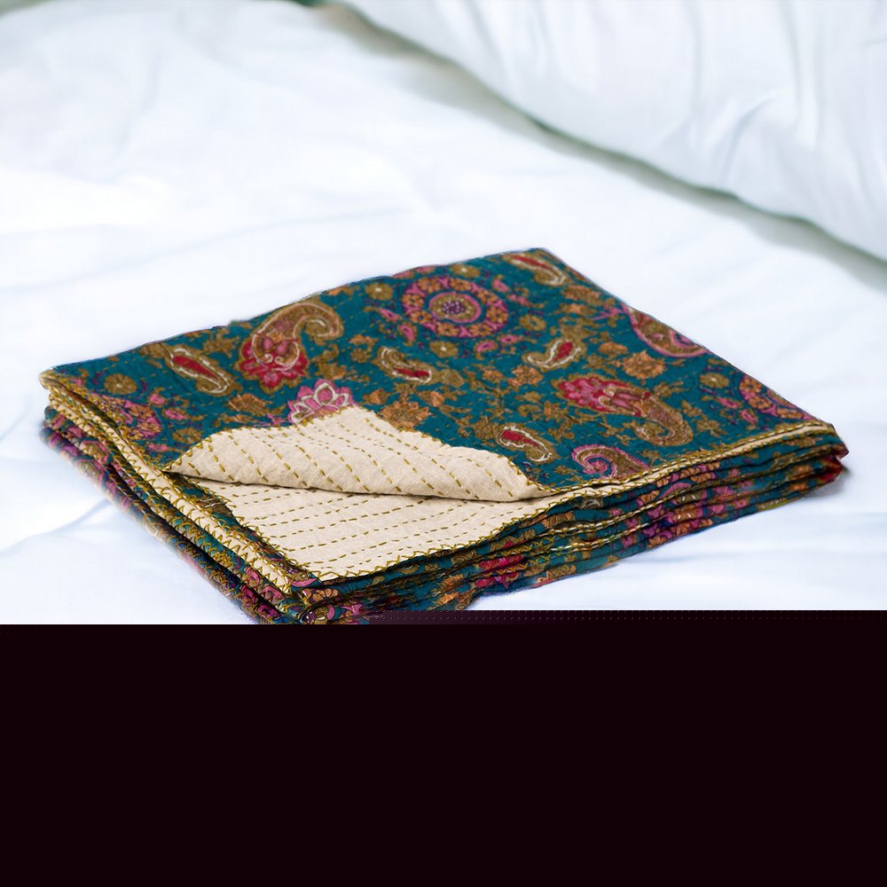 50" X 70" Yellow and Gray Kantha Cotton Floral Throw Blanket