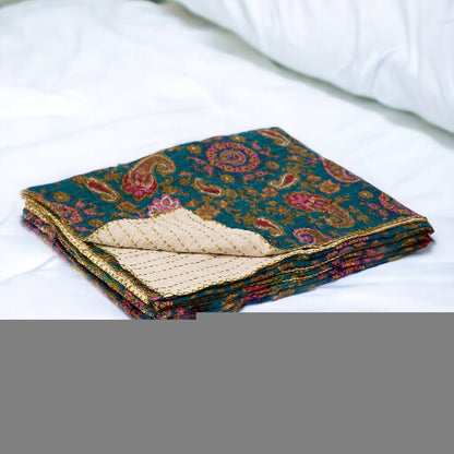 50" X 70" Yellow and Gray Kantha Cotton Floral Throw Blanket