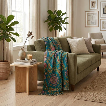 50" X 70" Green and Pink Kantha Cotton Paisley Throw Blanket with Embroidery