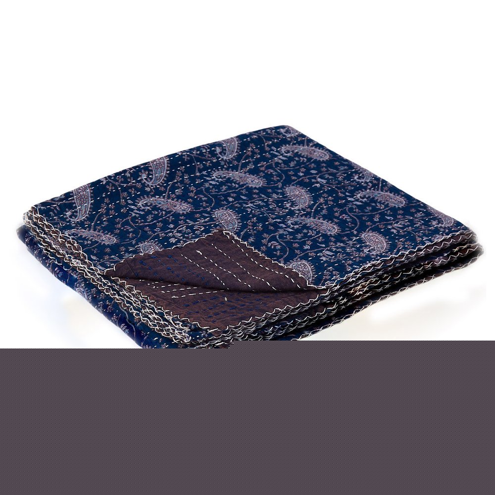 50" X 70" Blue and Gray Kantha Cotton Paisley Throw Blanket with Embroidery
