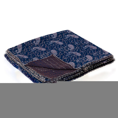 50" X 70" Blue and Gray Kantha Cotton Paisley Throw Blanket with Embroidery