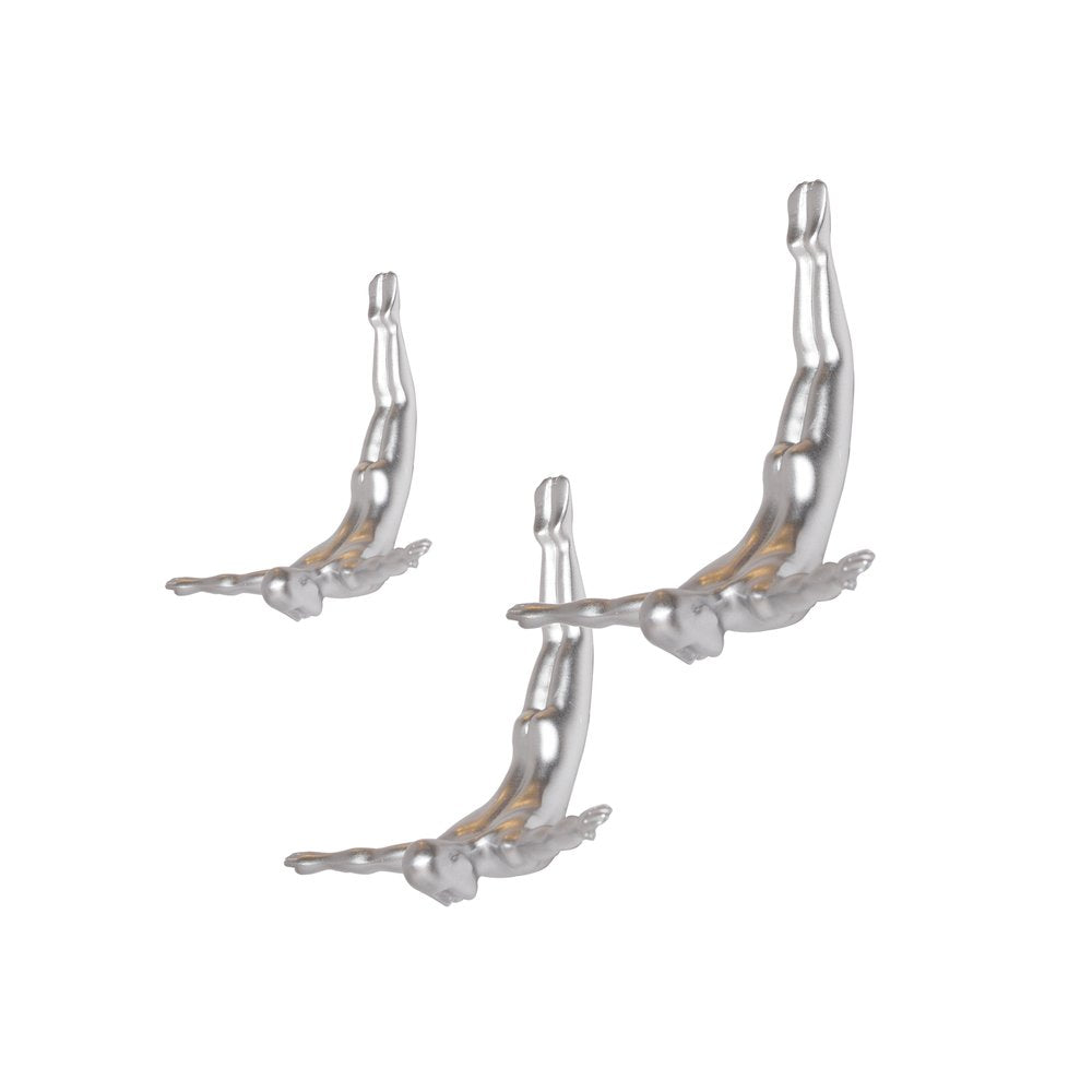 Set of Three Silver Resin Diving Man Hanging Dimensional Sculpture