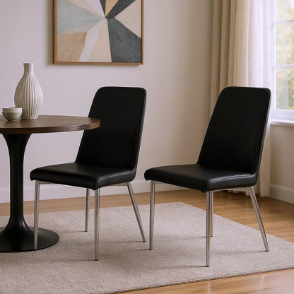 Set of Two Black And Silver Upholstered Faux Leather Dining Side Chairs