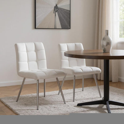 Set of Two Tufted White And Silver Upholstered Faux Leather Dining Side Chairs