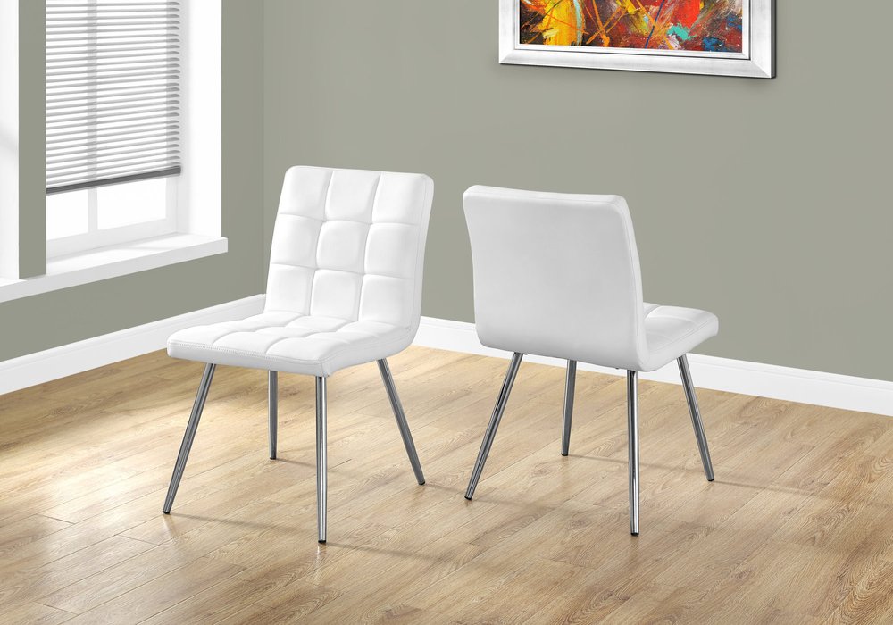 Set of Two Tufted White And Silver Upholstered Faux Leather Dining Side Chairs