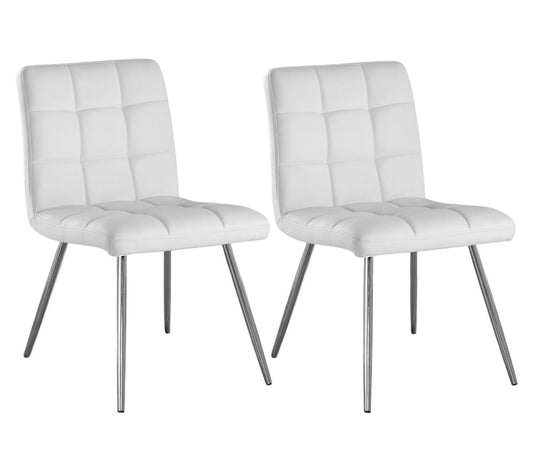 Set of Two Tufted White And Silver Upholstered Faux Leather Dining Side Chairs