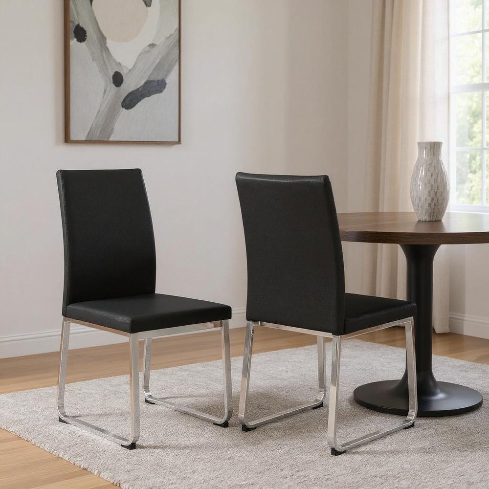 Set of Two Black And Silver Upholstered Faux Leather Dining Side Chairs