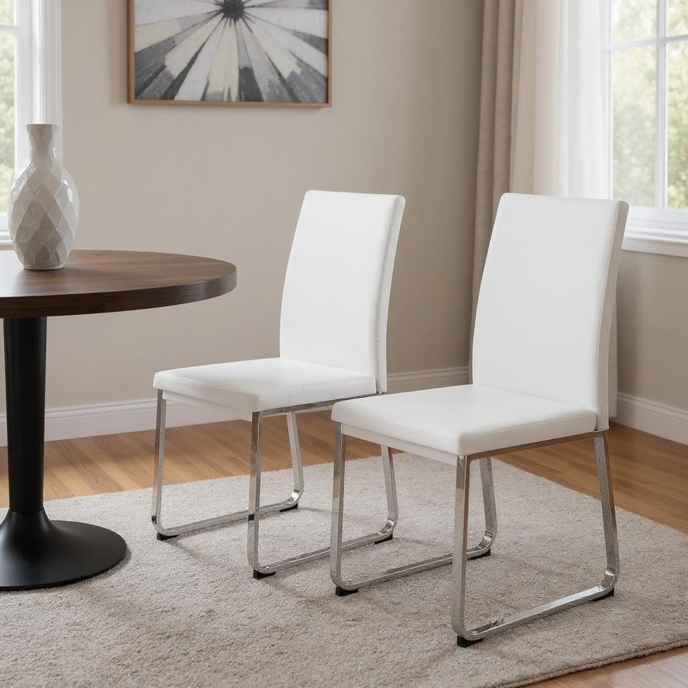 Set of Two Black And Silver Upholstered Faux Leather Dining Side Chairs