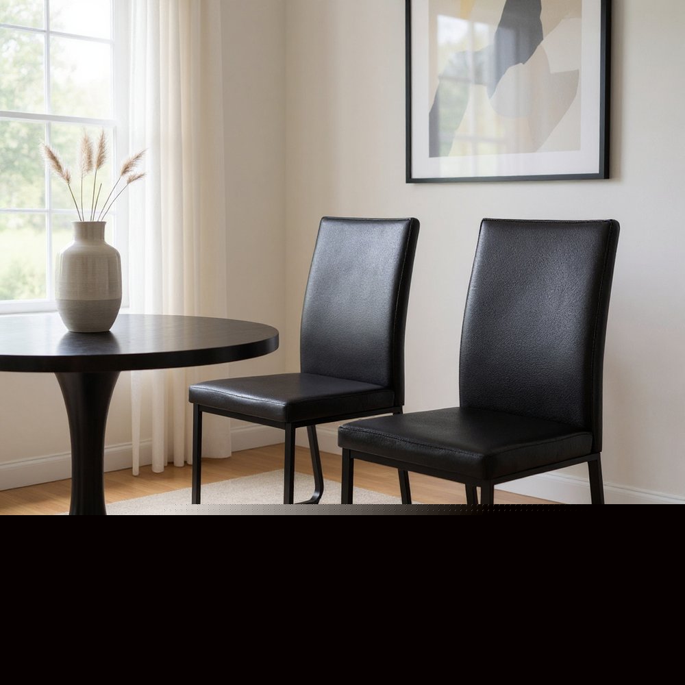 Set of Two Black Upholstered Faux Leather Dining Side Chairs