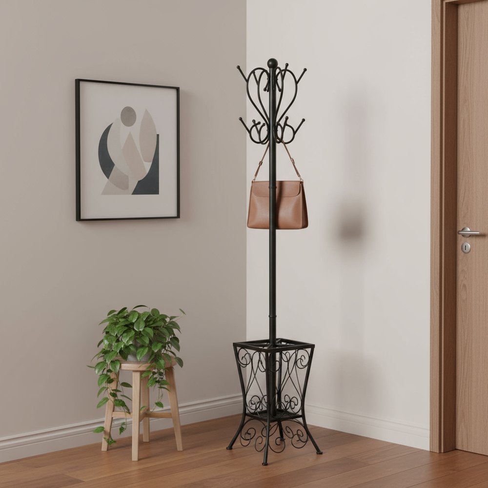 16" X 16" X 71" Black  Metal  Umbrella Holder Coat Rack