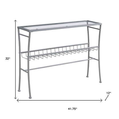 42" Clear and Silver Glass and Metal Console Table With Shelf