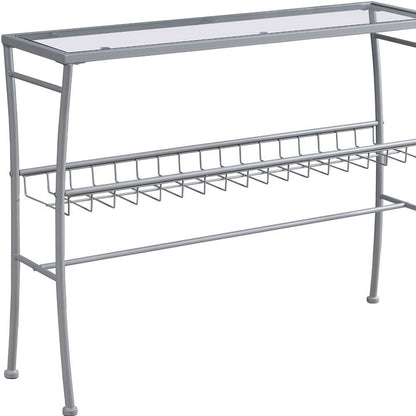 42" Clear and Silver Glass and Metal Console Table With Shelf