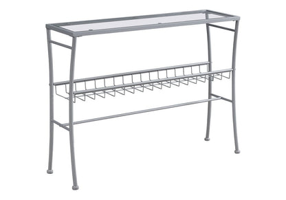 42" Clear and Silver Glass and Metal Console Table With Shelf