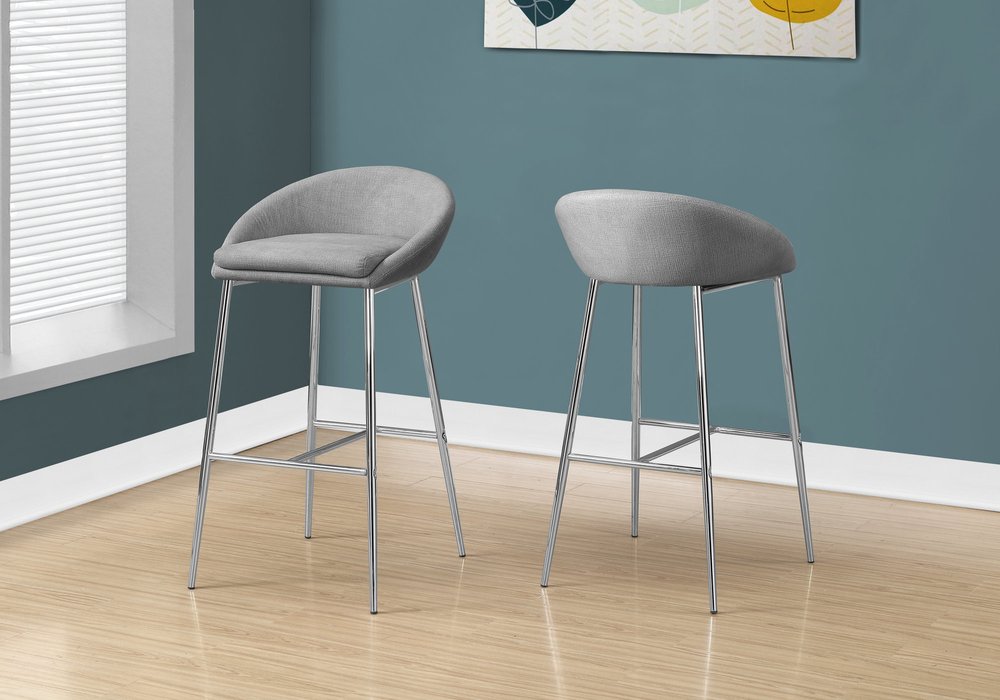 Set of Two 30" Gray and Silver Metal Low Back Bar Chairs