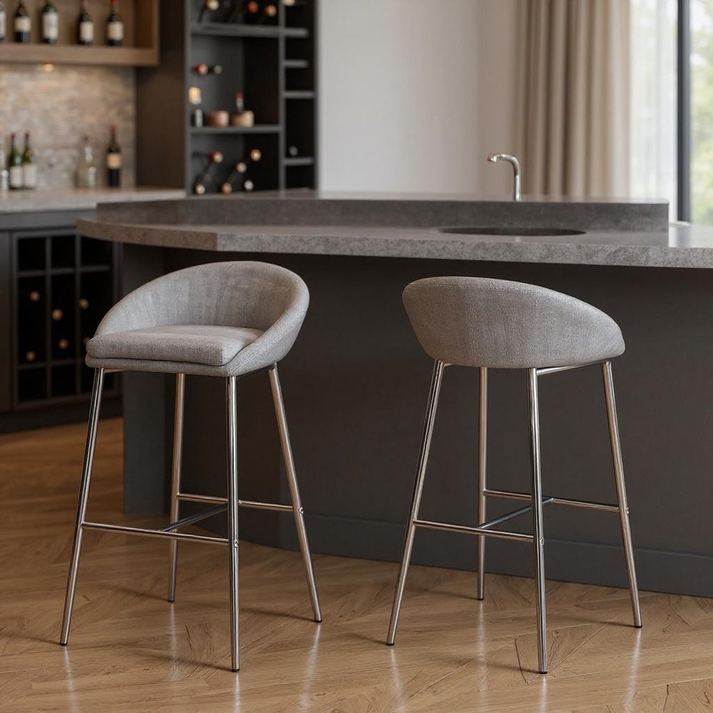 Set of Two 30" Gray and Silver Metal Low Back Bar Chairs