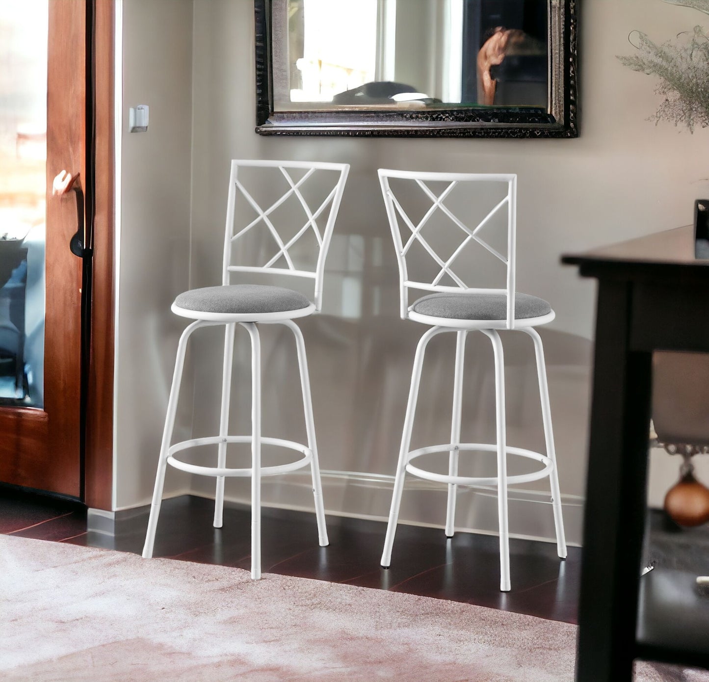 Set of Two 28" Gray and White Metal Bar Chairs
