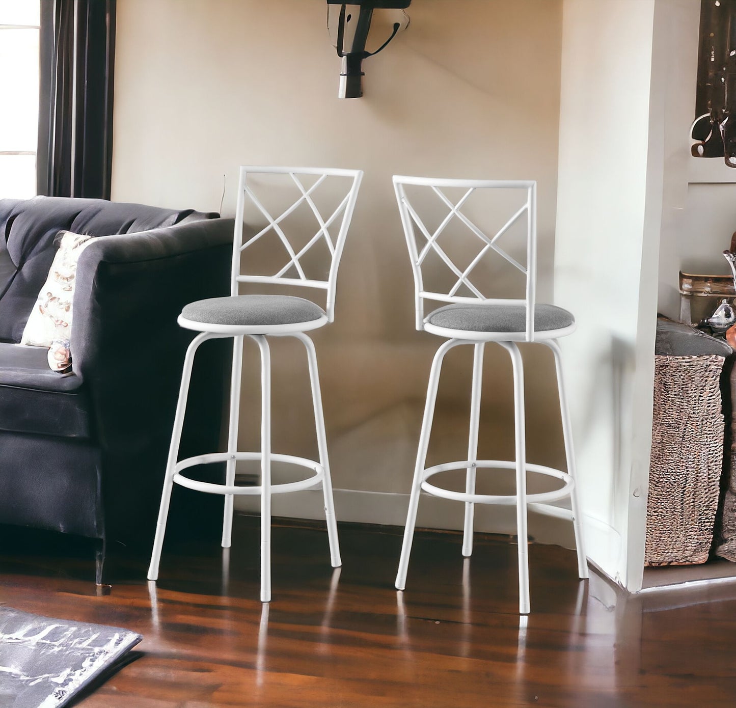 Set of Two 28" Gray and White Metal Bar Chairs