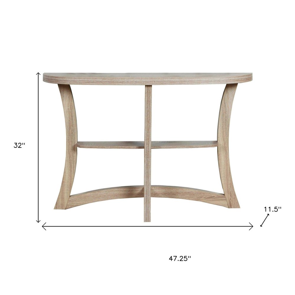 47" Taupe Half Moon Three Leg Console Table With Shelves