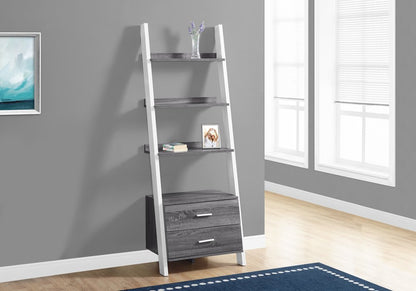 69" Gray and White Wood Ladder Bookcase With Two drawers