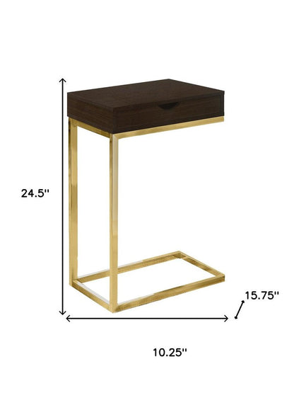 10.25" X 15.75" X 24.5" Brown Finish Drawer And Black Metal Accent Table