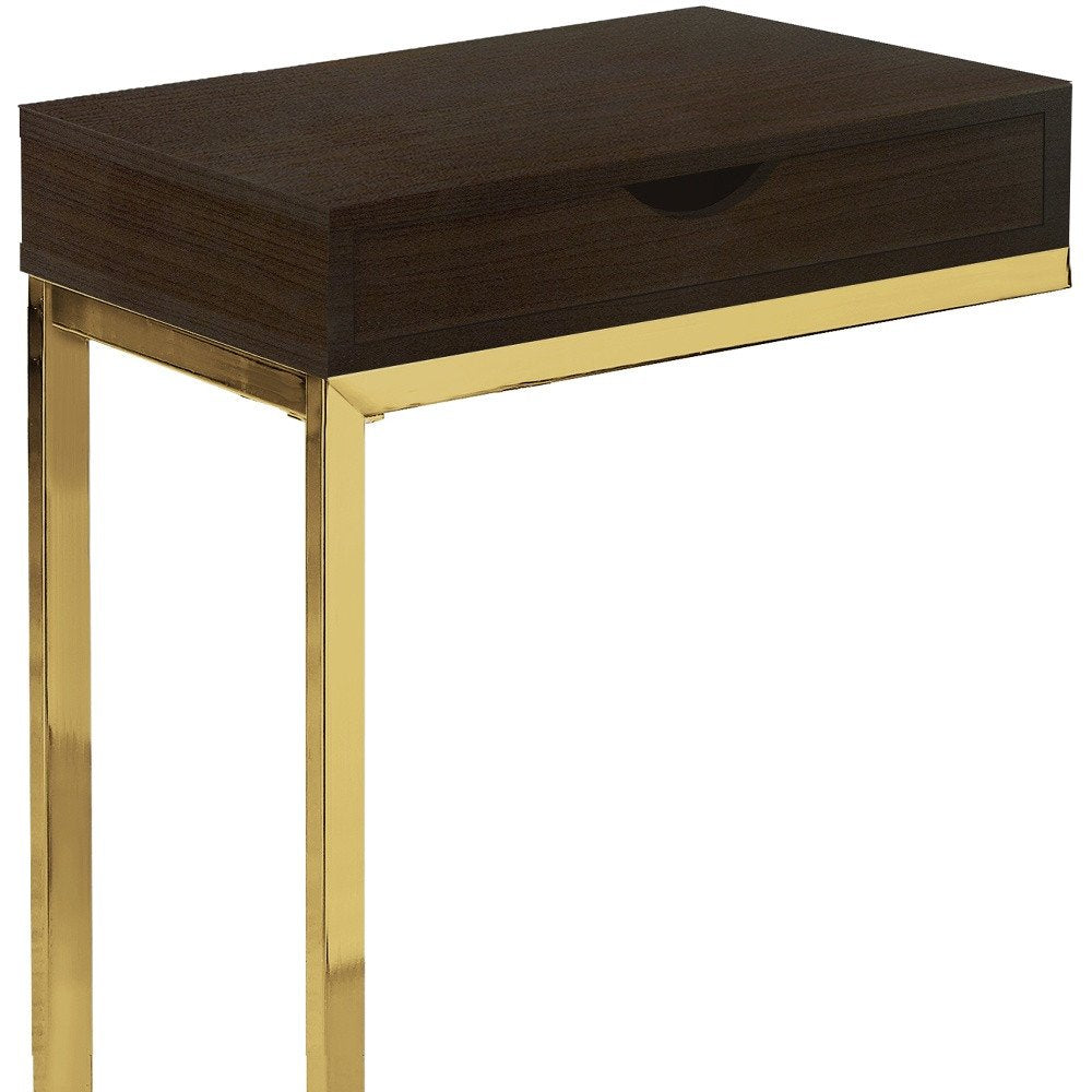 10.25" X 15.75" X 24.5" Brown Finish Drawer And Black Metal Accent Table