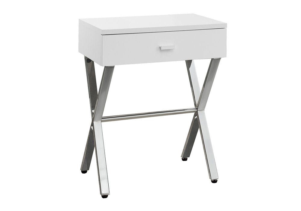 22" White And Silver Wood And Iron Cross Legs End Table With Drawer