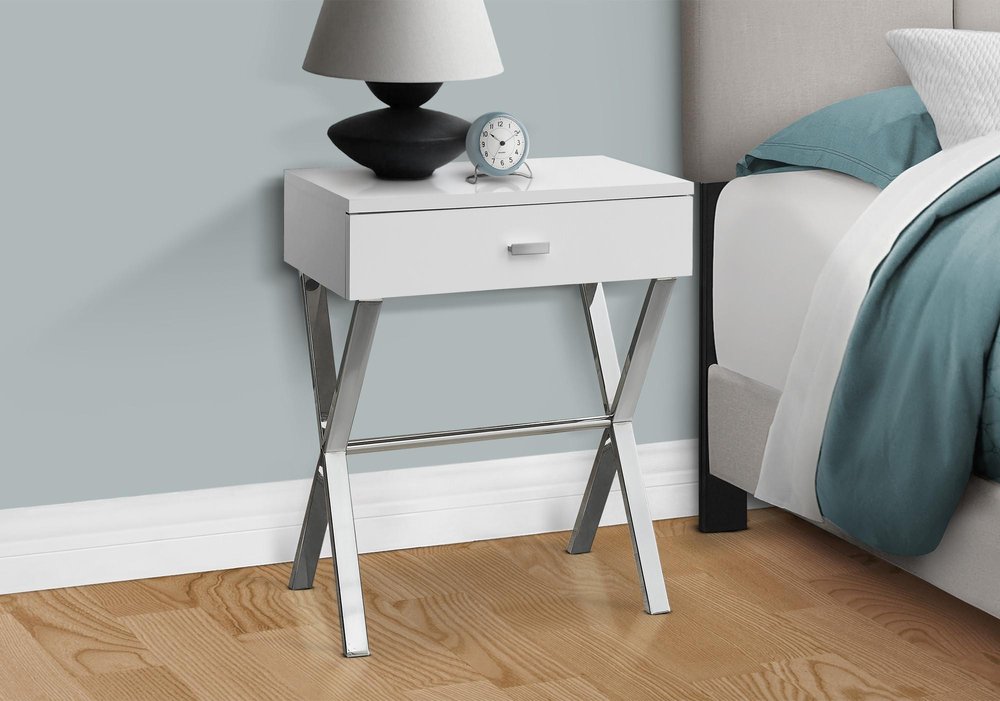 22" White And Silver Wood And Iron Cross Legs End Table With Drawer
